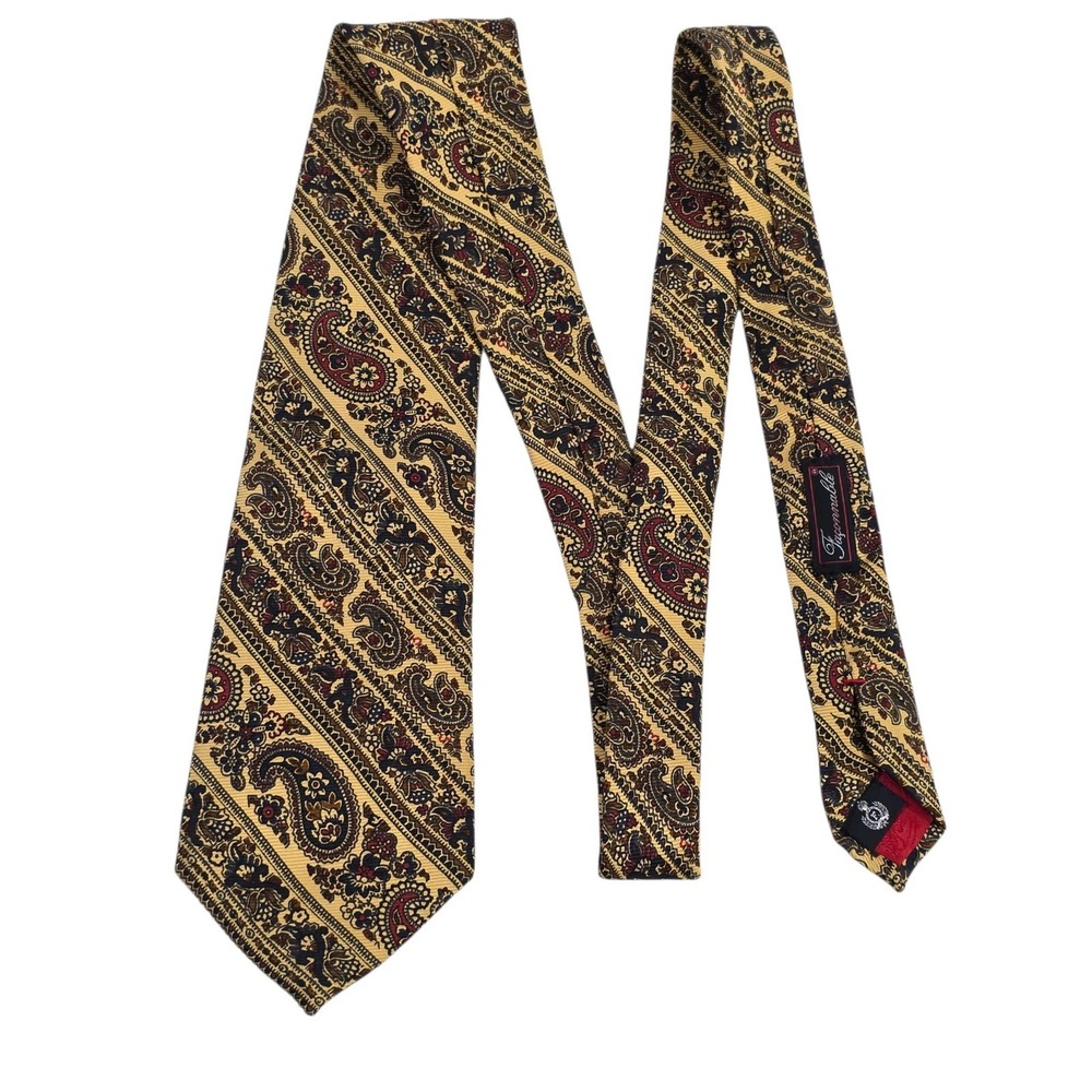 Facconable Paisley Silk Mens Tie Yellow Blue Handmade in France Luxury‎ Designer